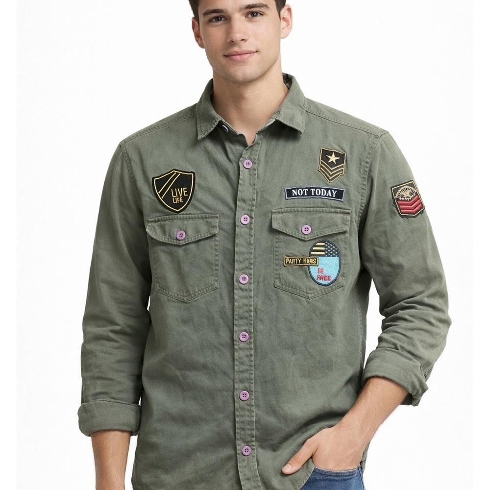 Brave Soul London Military Patch Button Men M Army Green Shirt NOT TODAY BE FREE